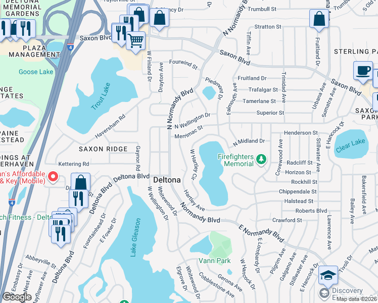 map of restaurants, bars, coffee shops, grocery stores, and more near 1396 Hartley Avenue in Deltona