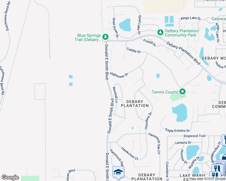 map of restaurants, bars, coffee shops, grocery stores, and more near 579 Newhall Lane in DeBary