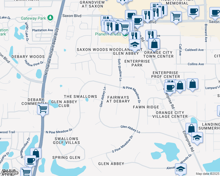 map of restaurants, bars, coffee shops, grocery stores, and more near 459 North Pine Meadow Drive in DeBary