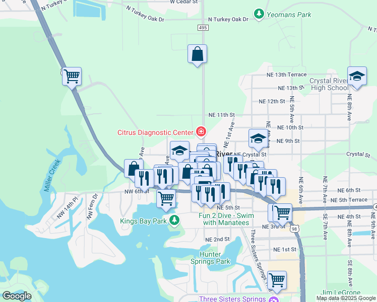 map of restaurants, bars, coffee shops, grocery stores, and more near 147 Northwest 7th Street in Crystal River