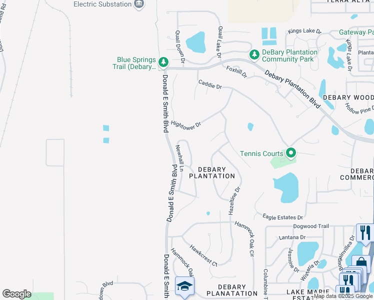 map of restaurants, bars, coffee shops, grocery stores, and more near 656 Newhall Lane in DeBary