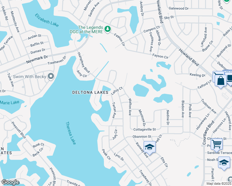 map of restaurants, bars, coffee shops, grocery stores, and more near 1390 Humphrey Boulevard in Deltona