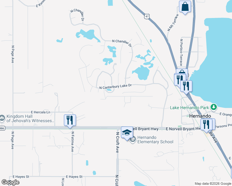 map of restaurants, bars, coffee shops, grocery stores, and more near 2881 North Canterbury Lake Drive in Hernando