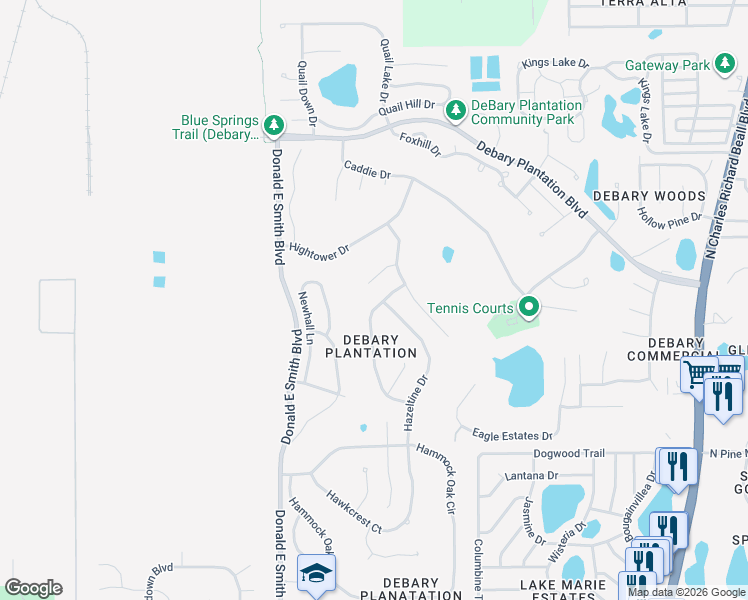 map of restaurants, bars, coffee shops, grocery stores, and more near 372 Debary Plantation Boulevard in DeBary