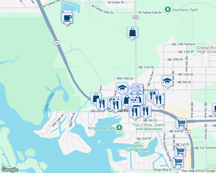map of restaurants, bars, coffee shops, grocery stores, and more near 821 Northwest 5th Avenue in Crystal River