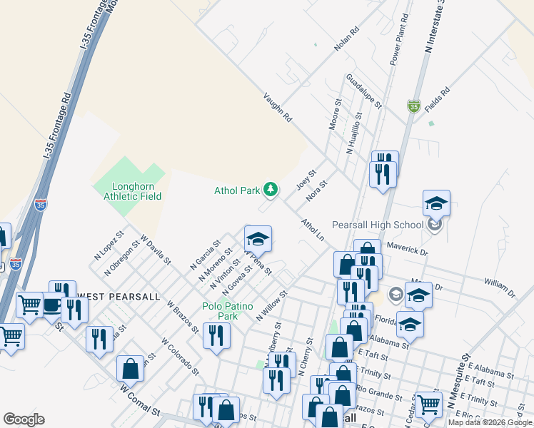 map of restaurants, bars, coffee shops, grocery stores, and more near 601 Athol Lane in Pearsall