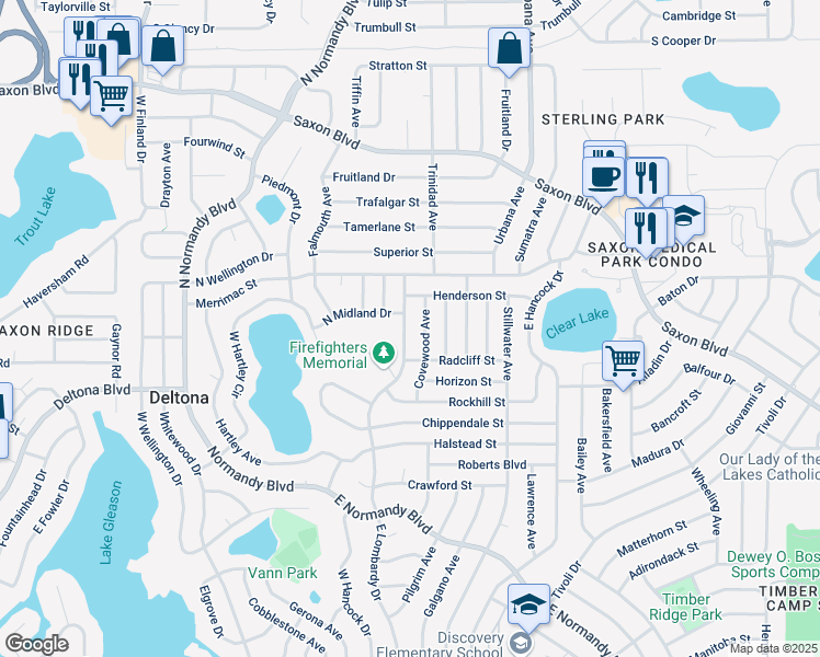 map of restaurants, bars, coffee shops, grocery stores, and more near 1429 East Lombardy Drive in Deltona