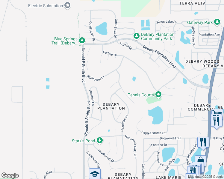 map of restaurants, bars, coffee shops, grocery stores, and more near 417 Havilland Court in DeBary