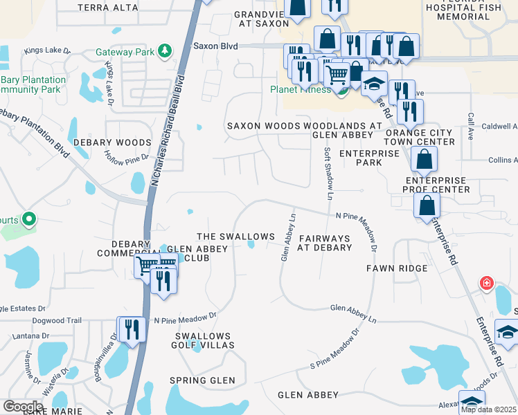 map of restaurants, bars, coffee shops, grocery stores, and more near 437 North Pine Meadow Drive in DeBary