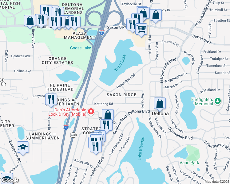 map of restaurants, bars, coffee shops, grocery stores, and more near 355 Haversham Road in Deltona