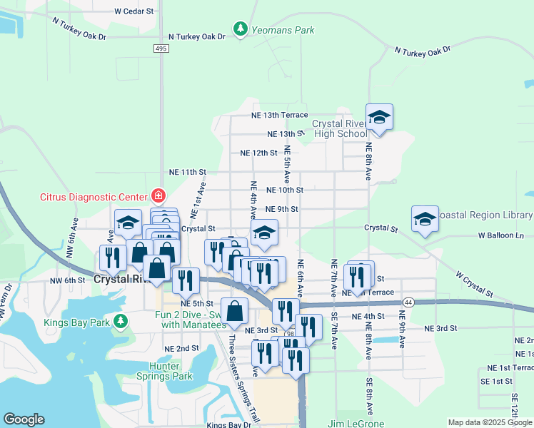 map of restaurants, bars, coffee shops, grocery stores, and more near 421 Northeast 9th Street in Crystal River