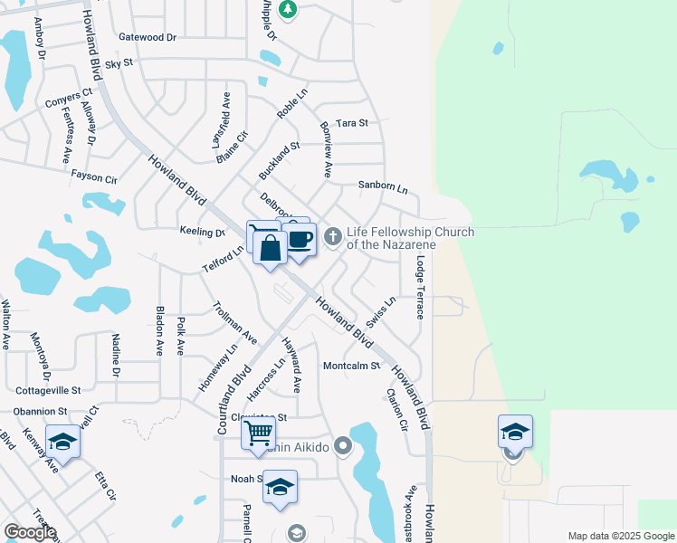 map of restaurants, bars, coffee shops, grocery stores, and more near 1421 Courtland Boulevard in Deltona