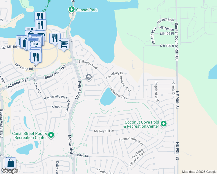 map of restaurants, bars, coffee shops, grocery stores, and more near 1234 Gloverville Terrace in The Villages
