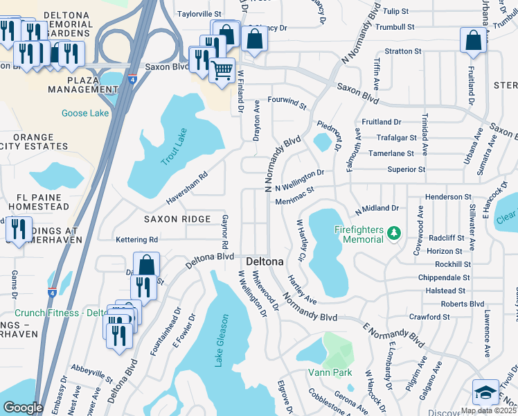 map of restaurants, bars, coffee shops, grocery stores, and more near 1447 Whitewood Drive in Deltona