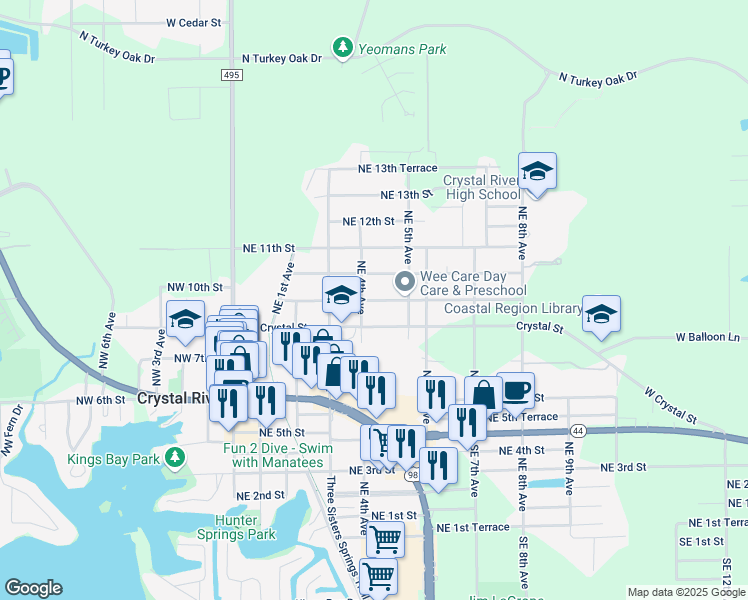 map of restaurants, bars, coffee shops, grocery stores, and more near 421 Northeast 9th Street in Crystal River