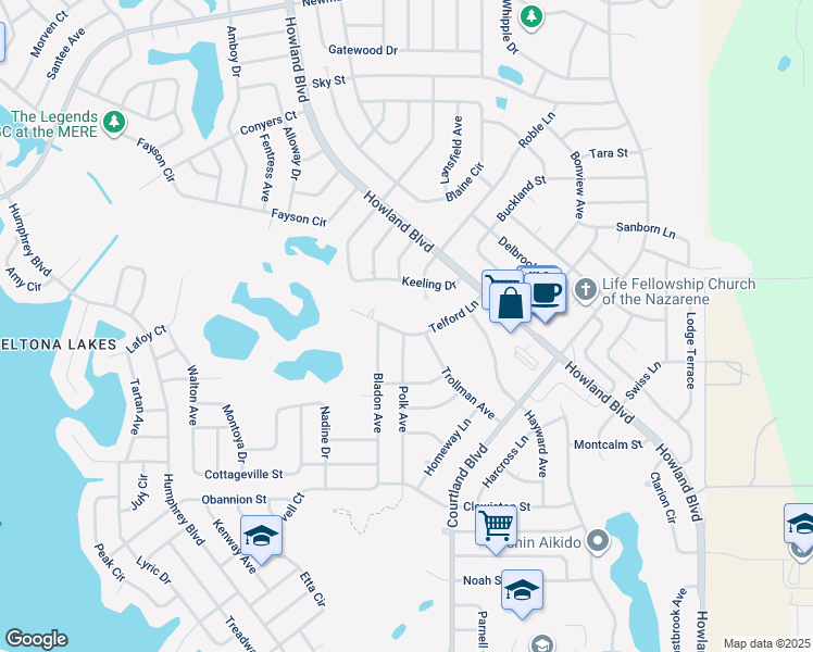 map of restaurants, bars, coffee shops, grocery stores, and more near 3112 Telford Lane in Deltona
