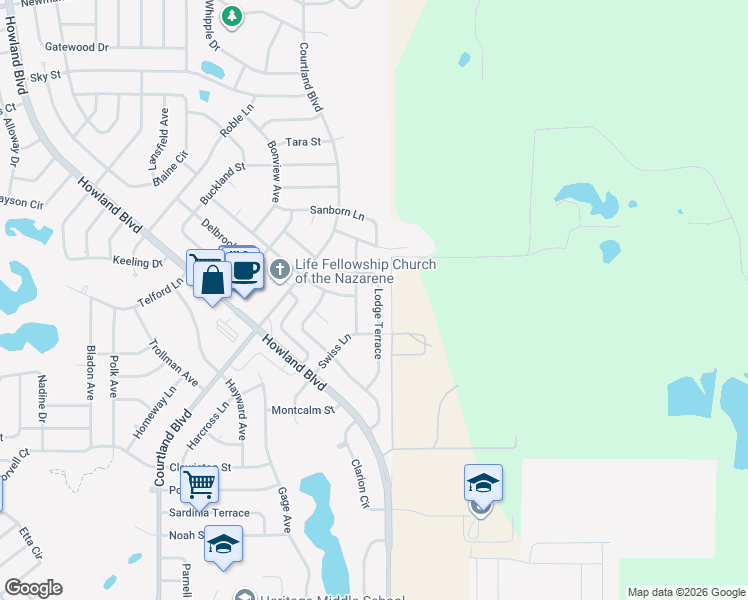 map of restaurants, bars, coffee shops, grocery stores, and more near 1419 Lodge Terrace in Deltona
