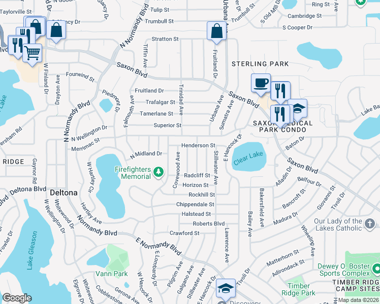 map of restaurants, bars, coffee shops, grocery stores, and more near 1447 Corinthian Avenue in Deltona