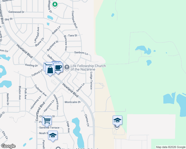map of restaurants, bars, coffee shops, grocery stores, and more near 1419 Lodge Terrace in Deltona