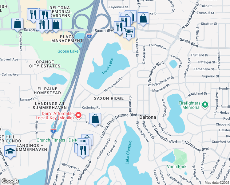 map of restaurants, bars, coffee shops, grocery stores, and more near 689 Shawsbury Way in Deltona