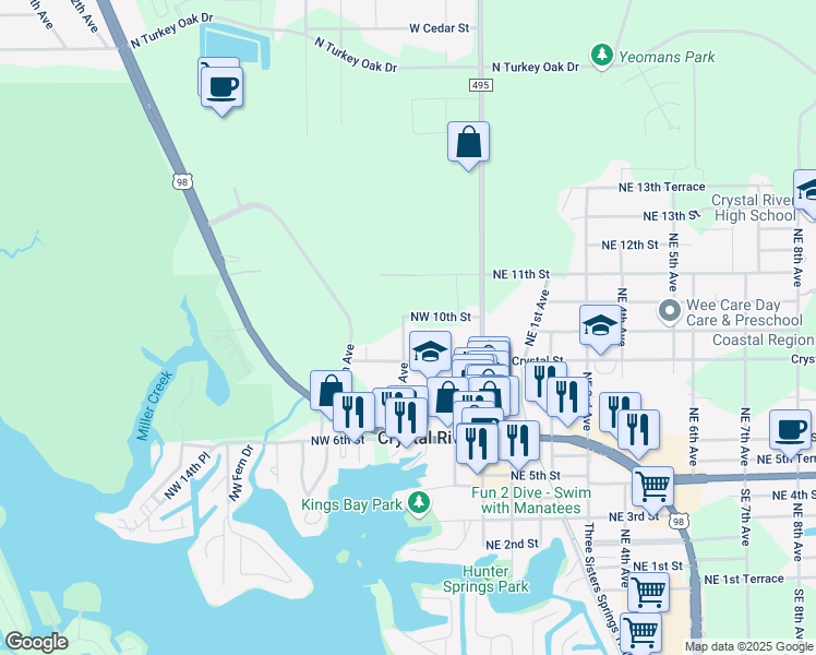 map of restaurants, bars, coffee shops, grocery stores, and more near 843 Northwest 3rd Avenue in Crystal River