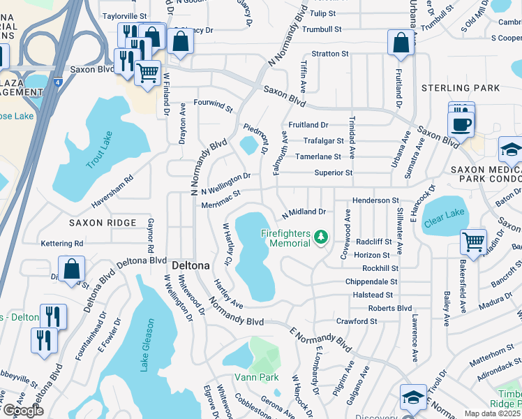map of restaurants, bars, coffee shops, grocery stores, and more near 685 North Hartley Circle in Deltona