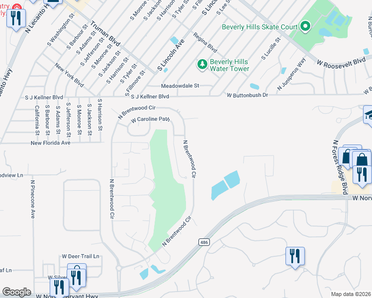 map of restaurants, bars, coffee shops, grocery stores, and more near 2655 North Brentwood Circle in Lecanto