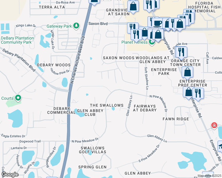 map of restaurants, bars, coffee shops, grocery stores, and more near 437 North Pine Meadow Drive in DeBary