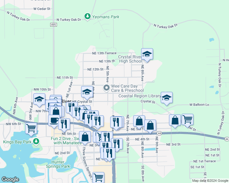 map of restaurants, bars, coffee shops, grocery stores, and more near 623 Northeast 9th Street in Crystal River