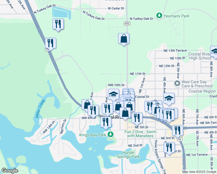 map of restaurants, bars, coffee shops, grocery stores, and more near 843 Northwest 3rd Avenue in Crystal River