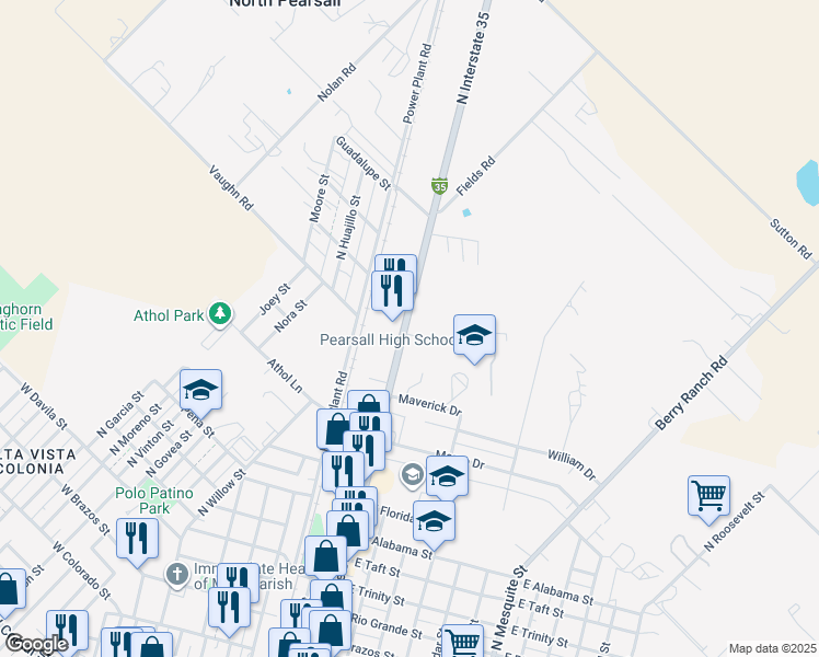 map of restaurants, bars, coffee shops, grocery stores, and more near 1600 Bi 35 East in Pearsall