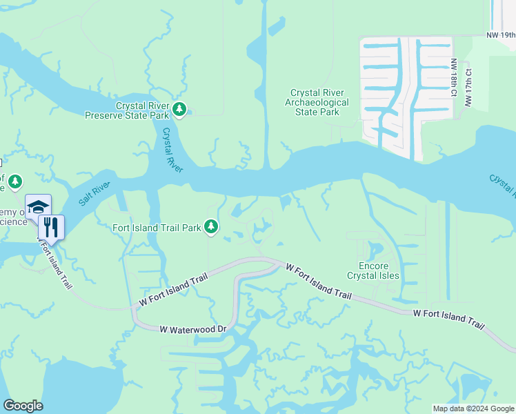 map of restaurants, bars, coffee shops, grocery stores, and more near 2875 North Rivers Edge Boulevard in Crystal River