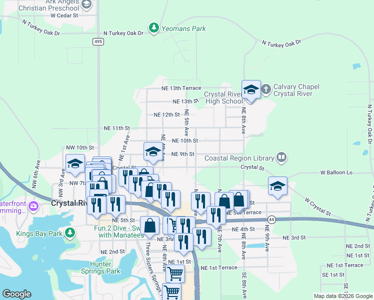 map of restaurants, bars, coffee shops, grocery stores, and more near 910 Northeast 5th Avenue in Crystal River