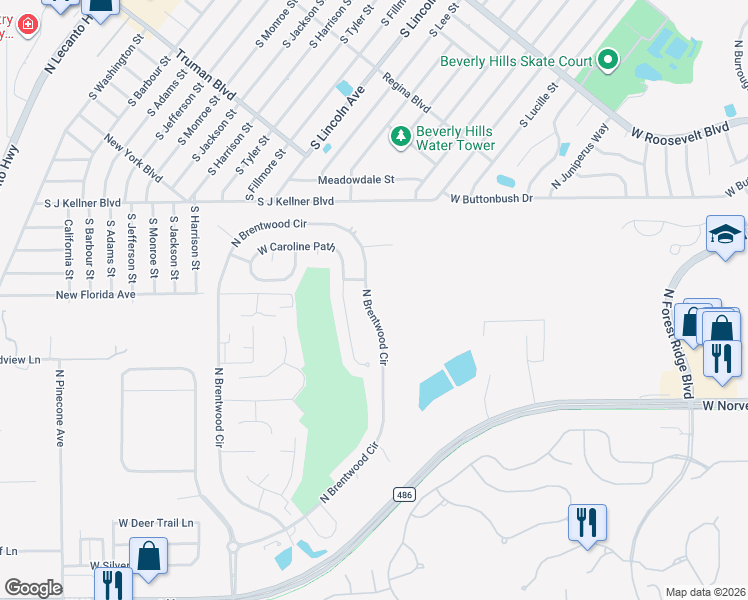 map of restaurants, bars, coffee shops, grocery stores, and more near 2655 North Brentwood Circle in Lecanto