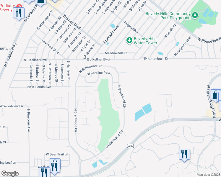 map of restaurants, bars, coffee shops, grocery stores, and more near 1624 West Caroline Path in Lecanto