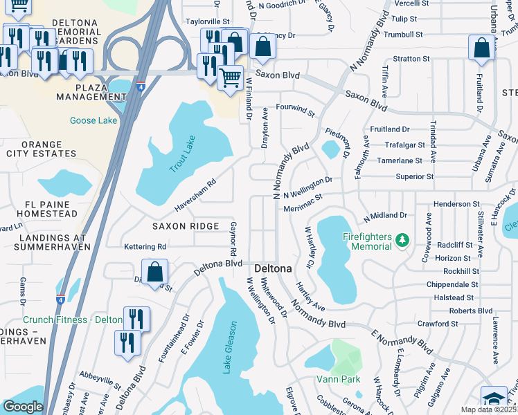map of restaurants, bars, coffee shops, grocery stores, and more near 1447 Whitewood Drive in Deltona