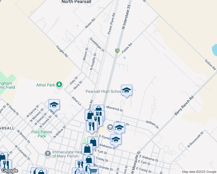 map of restaurants, bars, coffee shops, grocery stores, and more near 1600 Bi 35 East in Pearsall