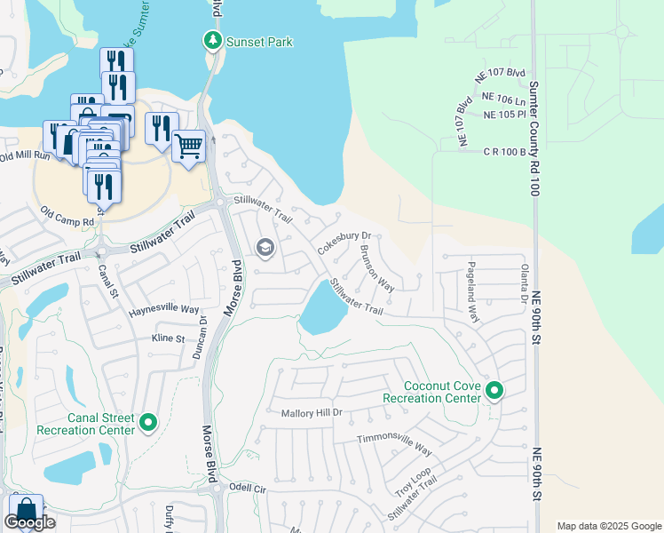 map of restaurants, bars, coffee shops, grocery stores, and more near 1215 Fort Mill Court in The Villages