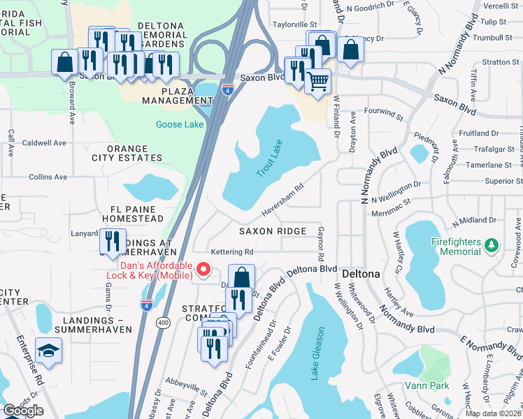 map of restaurants, bars, coffee shops, grocery stores, and more near 355 Haversham Road in Deltona