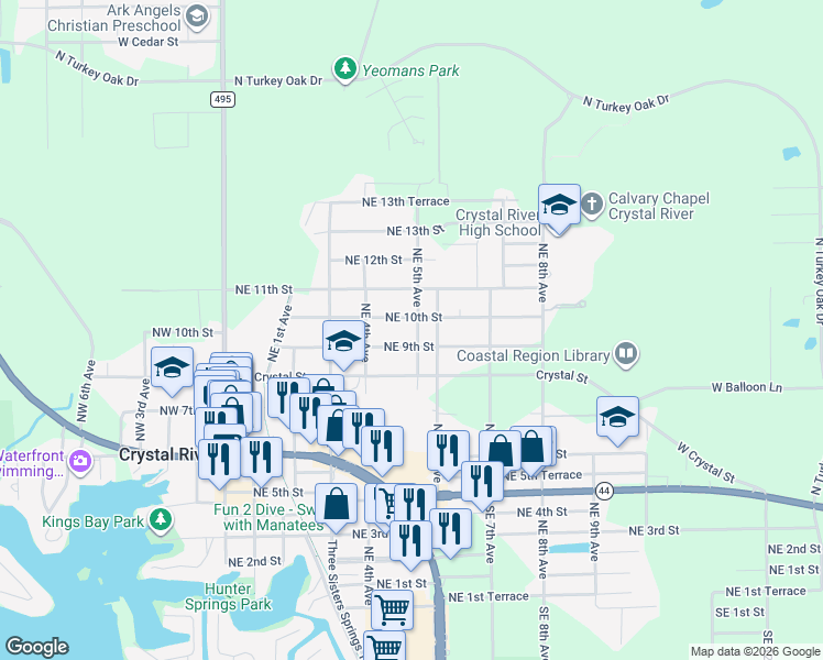 map of restaurants, bars, coffee shops, grocery stores, and more near 910 Northeast 5th Avenue in Crystal River