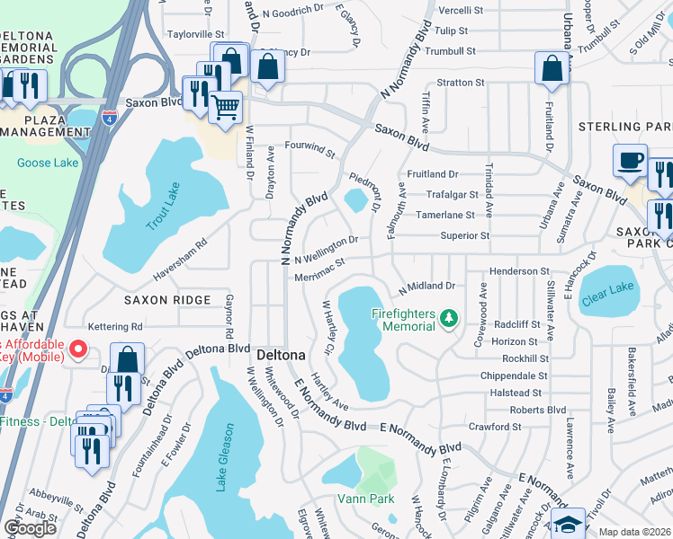 map of restaurants, bars, coffee shops, grocery stores, and more near 641 Merrimac Street in Deltona