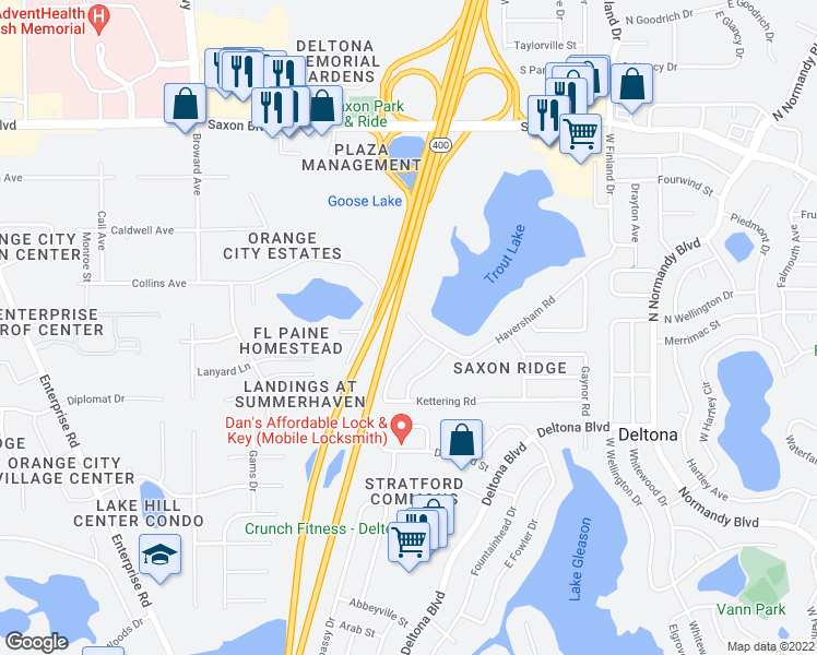 map of restaurants, bars, coffee shops, grocery stores, and more near 219 Haversham Road in Deltona