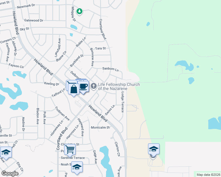 map of restaurants, bars, coffee shops, grocery stores, and more near 3393 Lodge Court in Deltona