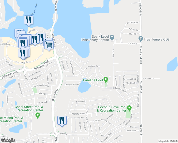 map of restaurants, bars, coffee shops, grocery stores, and more near 1210 Fort Mill Court in The Villages