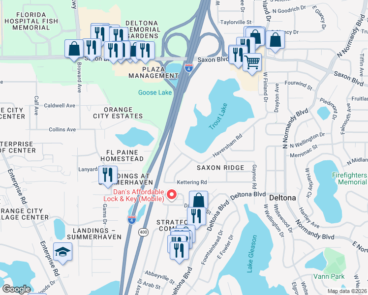 map of restaurants, bars, coffee shops, grocery stores, and more near 6 Florida Drive in Deltona