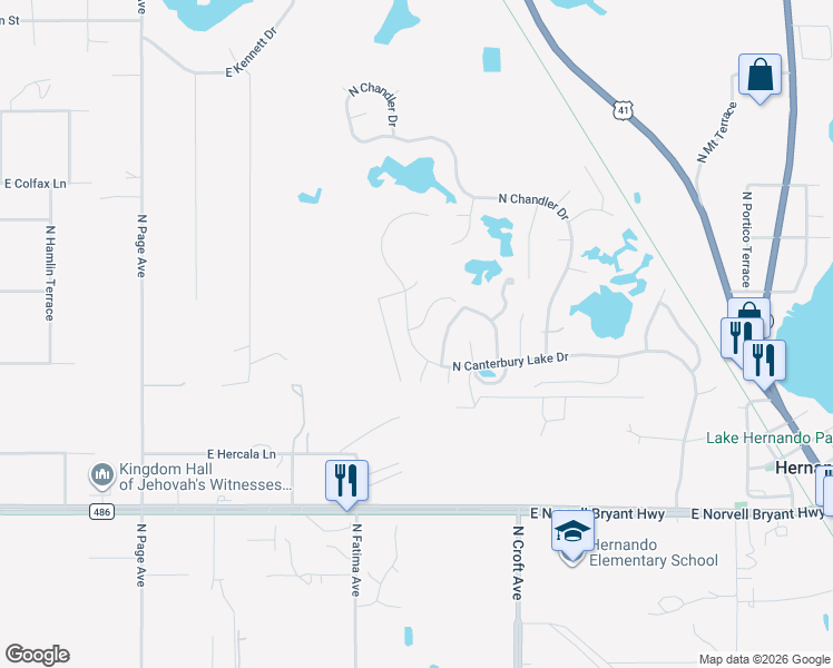 map of restaurants, bars, coffee shops, grocery stores, and more near 3125 North Canterbury Lake Drive in Hernando