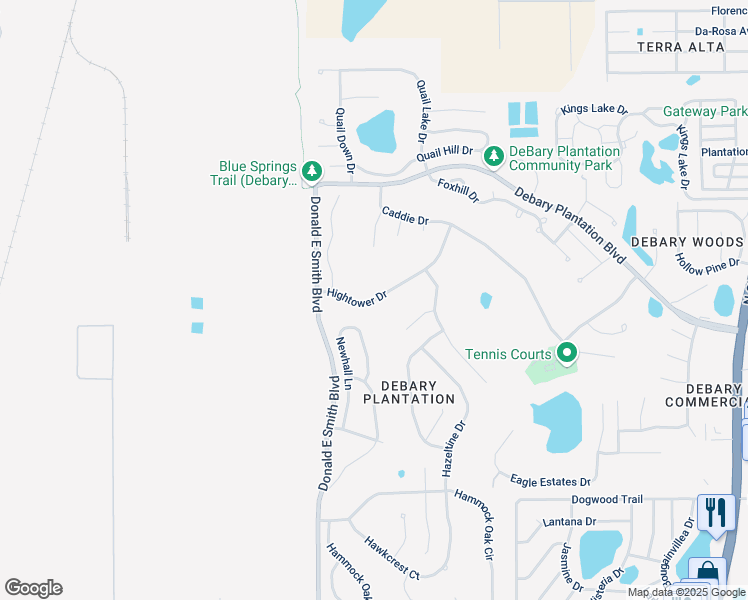 map of restaurants, bars, coffee shops, grocery stores, and more near 464 Hightower Drive in DeBary