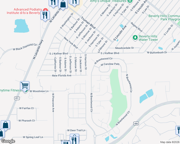 map of restaurants, bars, coffee shops, grocery stores, and more near 2388 North Brentwood Circle in Lecanto