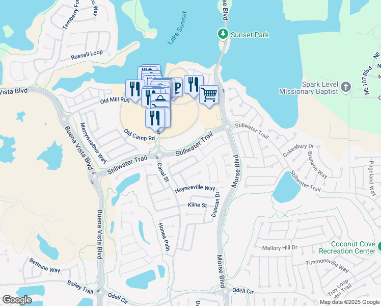 map of restaurants, bars, coffee shops, grocery stores, and more near 881 Moses Loop in The Villages