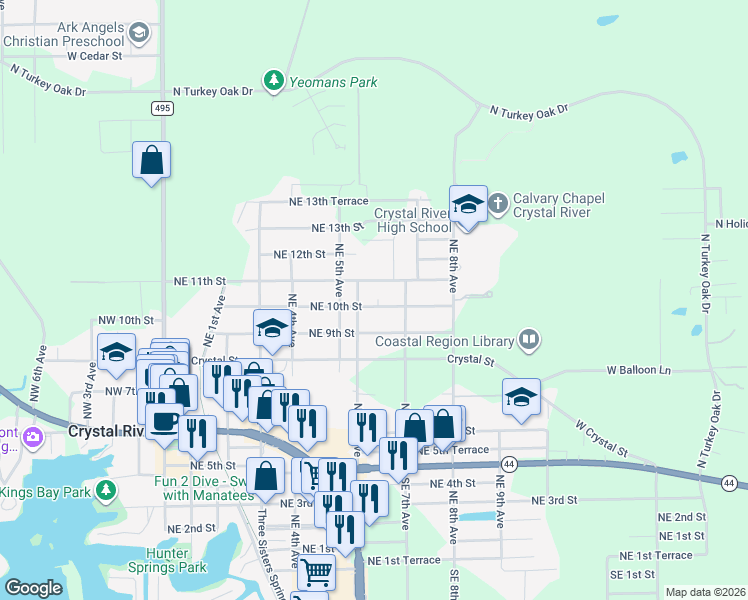 map of restaurants, bars, coffee shops, grocery stores, and more near 656 Northeast 11th Street in Crystal River